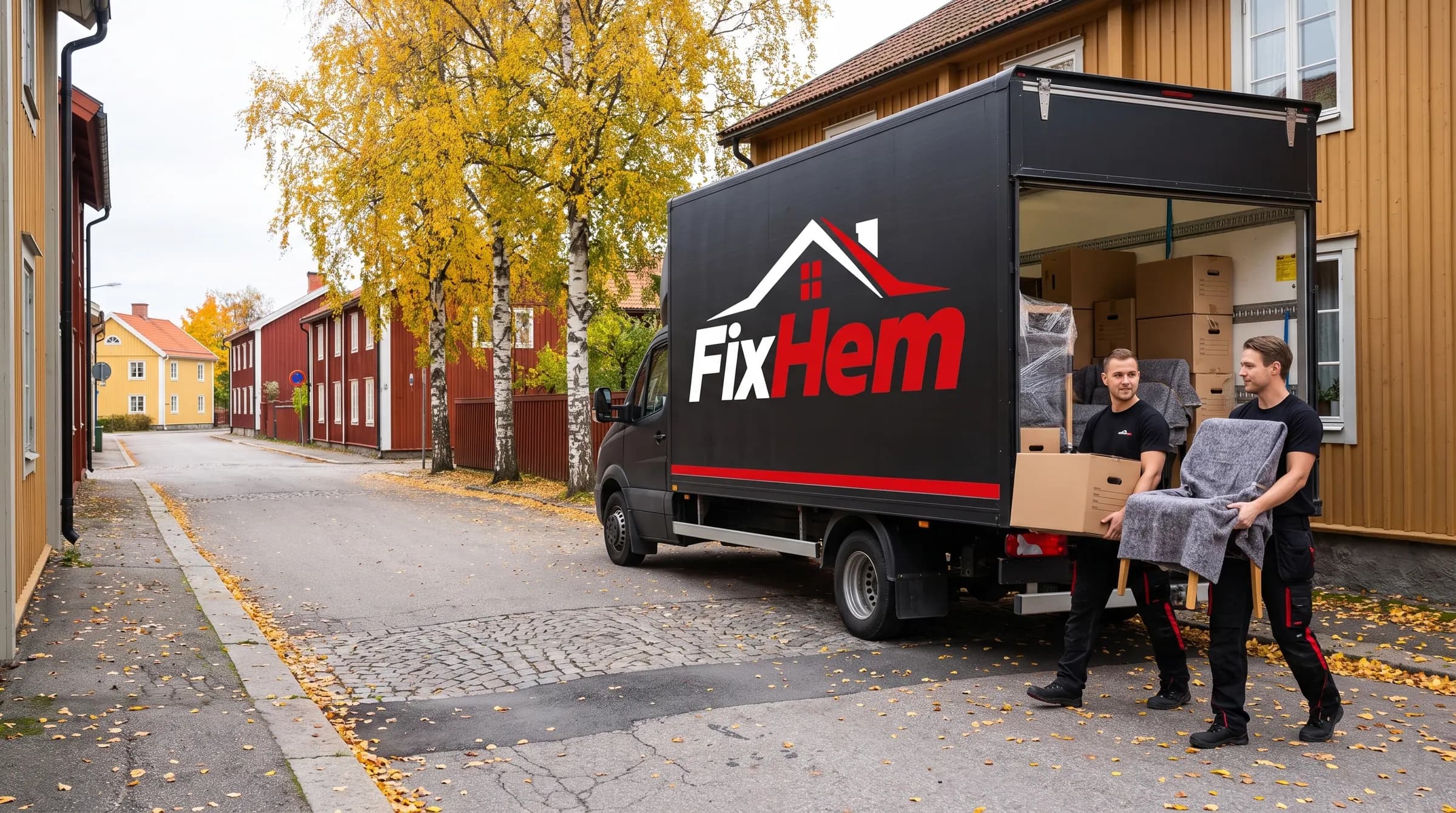 Två flyttare från FixHem bär ut möbler till den svarta flyttbilen på en gata med trähus