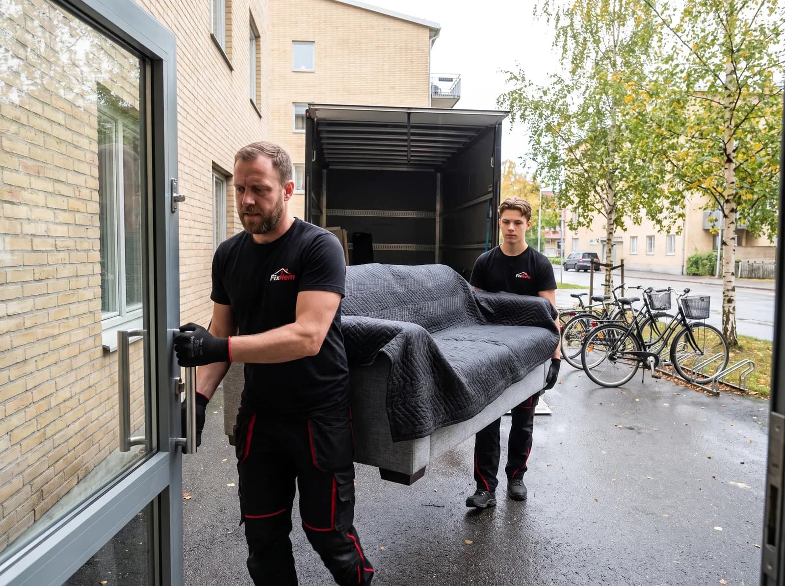 Två flyttare bär ut en soffa ur ett flerbostadshus